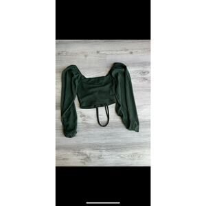 Sheer Arms Crop Long Sleeve Balloon Sleeves Tie Back Top Shirt Blouse Women #467